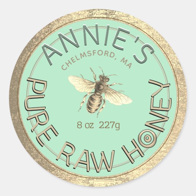 Moderne reine Honigbiene Gold Frame Blue Cyan Runder Aufkleber (Vorderseite)