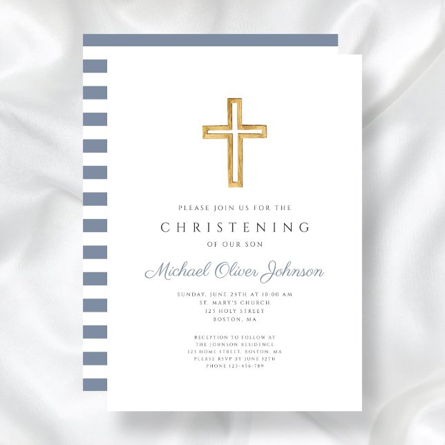 Moderne religiöse Cross Blue Stripes Christening Einladung (Modern Religious Cross Blue Stripes Christening Invitation)