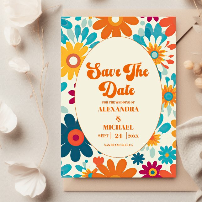 Moderne Retro 70er Jahre Daisy Wedding Save The Date (Von Creator hochgeladen)