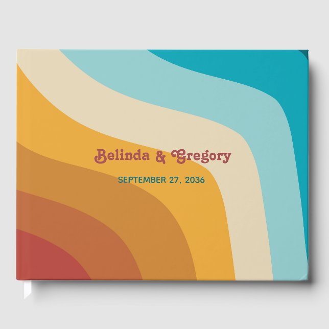 Moderne Retro 70er Jahre farbenfrohe Regenbogenwel Gästebuch (Vorderseite)