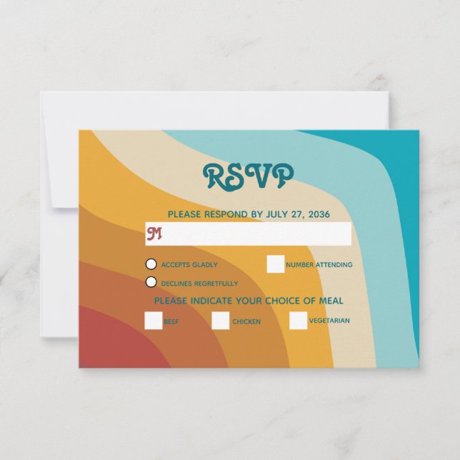 Moderne Retro 70er Jahre farbenfrohe Regenbogenwel RSVP Karte (Vorderseite)