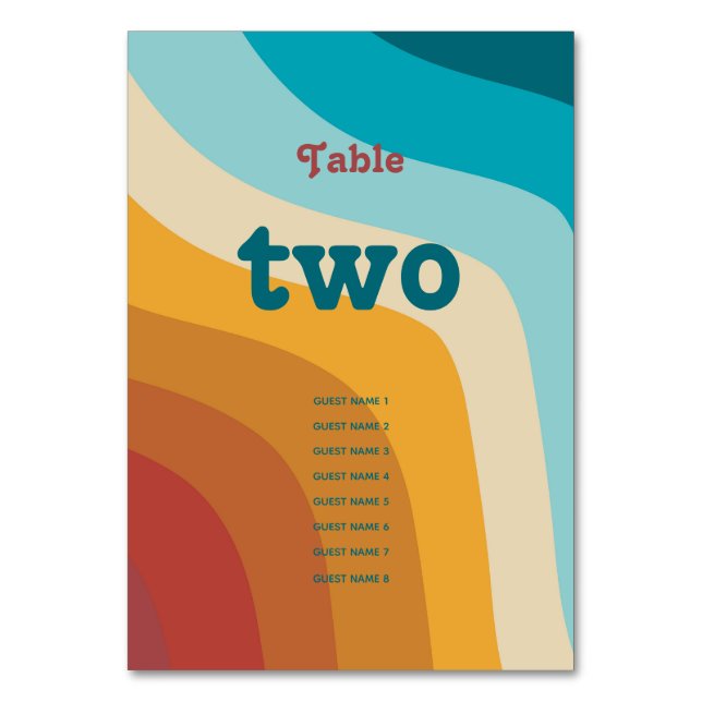 Moderne Retro 70er Jahre farbenfrohe Regenbogenwel Tischnummer (Vorderseite)