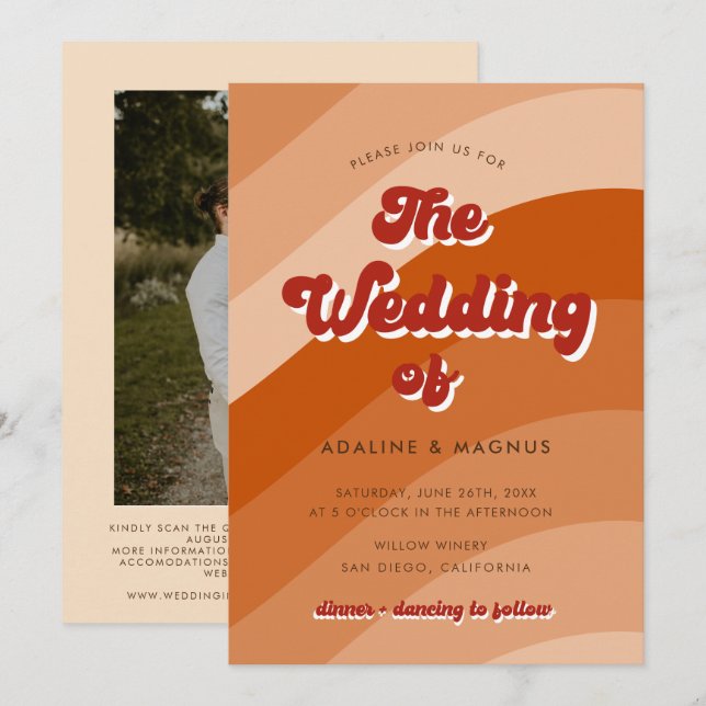 Moderne Retro 70er Rainbow Orange Foto Wedding Einladung (Vorne/Hinten)