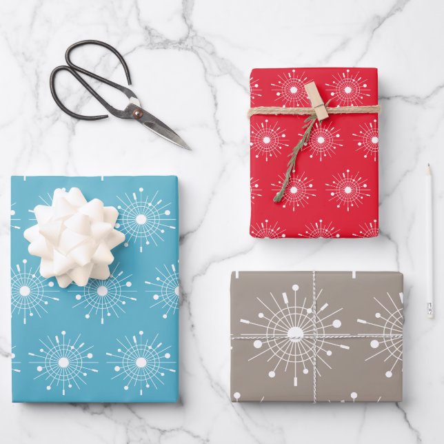 Moderne Retro-Atomschneeflocke des Mitteljahrhunde Geschenkpapier Set (Vorderseite)