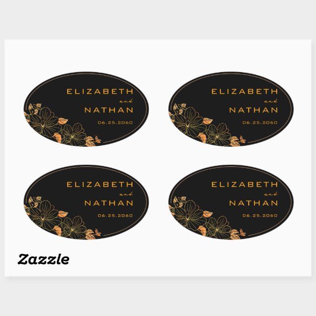 Moderne Retro Black & Gold Floral Wedding Ovaler Aufkleber (Blatt)