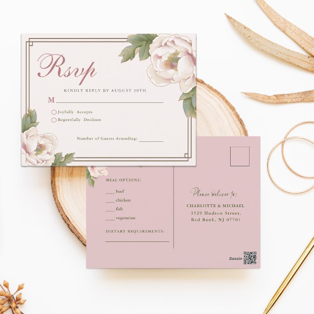 Moderne Retro Blush Peony Floral Wedding RSVP Postkarte (Von Creator hochgeladen)