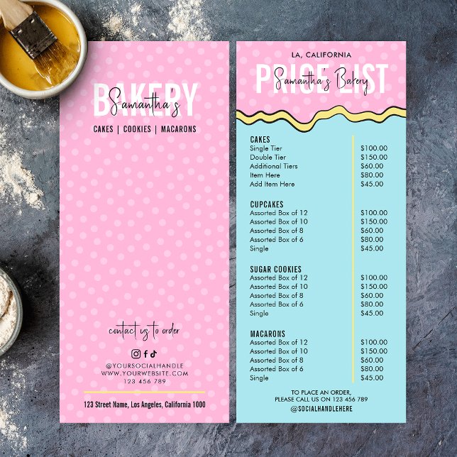 Moderne Retro Coloré Pâtisserie Chef Menu Boulange (Trendy and chic pastry chef pricing menu in pastel colors and comic style background)