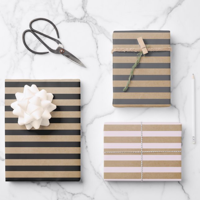 Moderne Retro Creme Black Gray Stripes Kraft Geschenkpapier Set (Vorderseite)