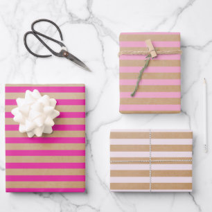 Moderne Retro Creme Hot Pink Stripes Kraft Geschenkpapier Set