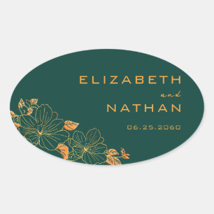 Moderne Retro Emerald Green Gold Floral Wedding Ovaler Aufkleber