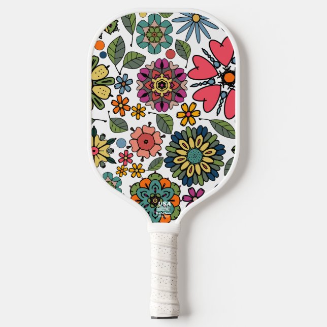 Moderne Retro-Floral Zeichnend Nahtloses Muster Ku Pickleball Schläger (Vorderseite)