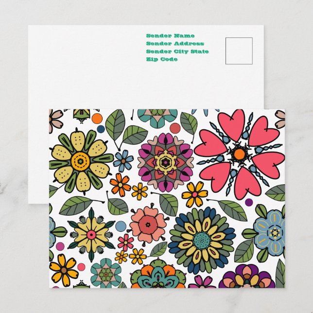 Moderne Retro-Floral Zeichnend Nahtloses Muster Ku Postkarte (Vorne/Hinten)