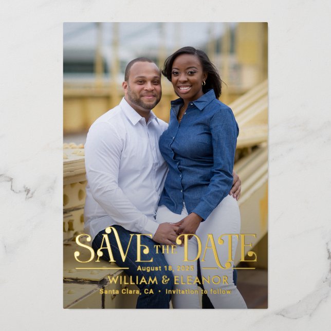 Moderne Retro-FOIL-Hochzeit speichert die Datumska Folieneinladung (Vorderseite)