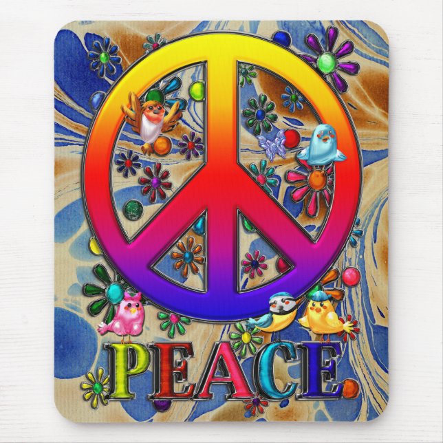 Moderne Retro Friedenszeichen-Text-Vögel u. Blumen Mousepad (Vorne)