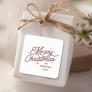 Moderne Retro Frohe Weihnachtsschrift   Cherry Red Quadratischer Aufkleber