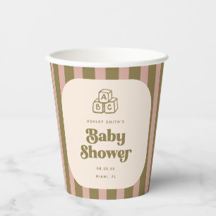 Moderne Retro-Gestreifte Grün-Rosa-Baby-Party Pappbecher