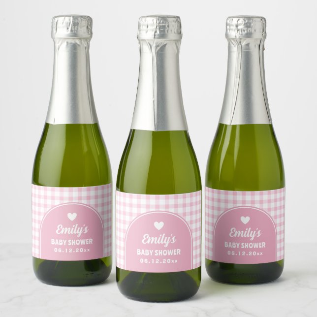 Moderne Retro Girly Pink Gingham Girl Babydusche (Flaschen)