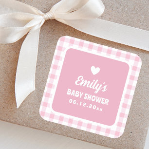 Moderne Retro Girly Pink Gingham Girl Babydusche Quadratischer Aufkleber
