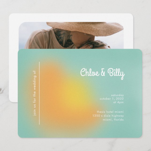 Moderne Retro-Gradient Mint Orange Foto Hochzeit Einladung (Vorne/Hinten)