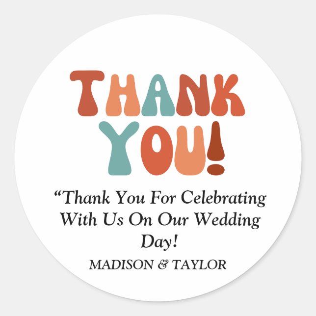 Moderne Retro Groovy farbenfrohe Brautpaare Runder Aufkleber (Vorderseite)