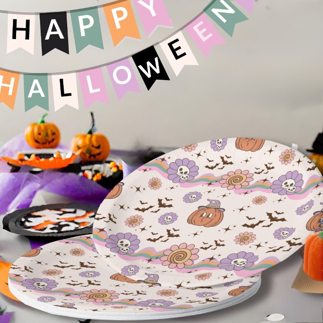 Moderne Retro Groovy Fun Halloween Papierplatte Pappteller (Von Creator hochgeladen)