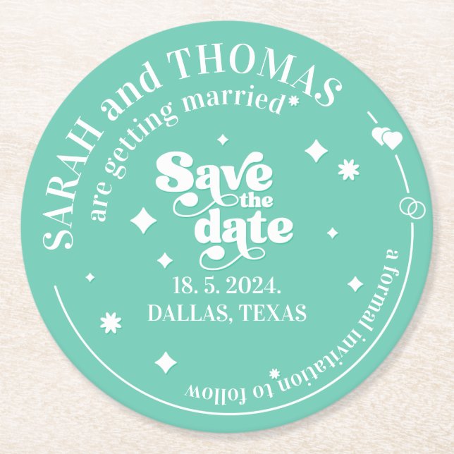 Moderne Retro Groovy Green 70er Hochzeit speichern Runder Pappuntersetzer (Vorderseite)