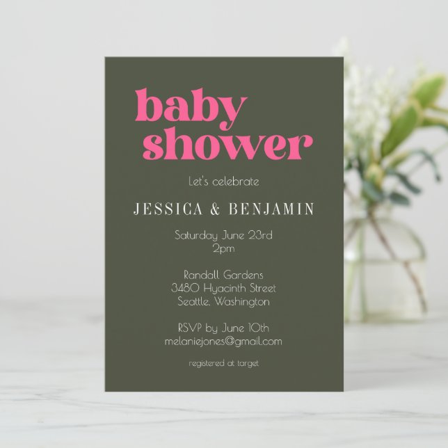 Moderne Retro Groovy Pink und Green Baby Dusche Einladung (Stehend Vorderseite)