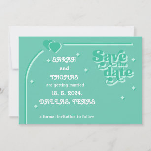 Moderne Retro-grüne 70er-Hochzeit Save The Date