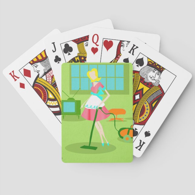 Moderne Retro-Hausfrau spielt Karten Spielkarten (Rückseite)