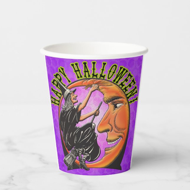 Moderne Retro Hexe und Mond auf Violet Polka Dots Pappbecher (Vorderseite)