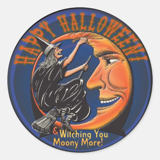 Moderne Retro Hexe und Mond - Personalisierte Puns Runder Aufkleber (Vorderseite)