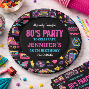 Moderne Retro-Neon-80er-Jahre-Geburtstagsfeier für Pappteller