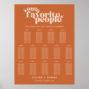Moderne Retro Orange Hochzeit 14 Tisch Sitzordnung Poster