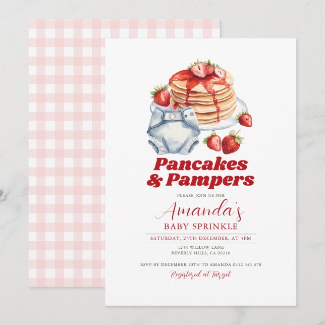 Moderne Retro Pancakes Diaper Kinderdusche Rosa Einladung (Vorne/Hinten)