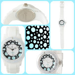 Moderne Retro Polka-Punkte Blau Weiß und Schwarz Armbanduhr<br><div class="desc">Personalisieren Sie diese moderne,  lustige und funky Retro-Stil Polka-dots Uhr mit einem Namen oder Ihren eigenen Text innerhalb der kreisrunden Grenze von türkisfarbenen blau-weißen Gradientenzirkeln auf schwarz. Dieses Bild ist eine Originalfotografie von JLW_FOTOGRAFIE.</div>