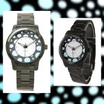 Moderne Retro Polka-Punkte Blau Weiß und Schwarz Armbanduhr<br><div class="desc">Personalisieren Sie diese moderne,  lustige und funky Retro-Stil Polka-dots Uhr mit einem Namen oder Ihren eigenen Text innerhalb dieser Grenze von türkisfarbenen blau-weißen Gradientenzirkeln auf schwarz. Dieses Bild ist eine Originalfotografie von JLW_FOTOGRAFIE.</div>