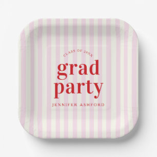 Moderne Retro Red & Pink Stripes Graduierungsparty Pappteller