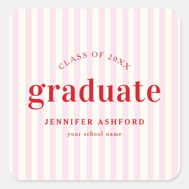 Moderne Retro Red & Pink Stripes Graduierungsparty Quadratischer Aufkleber (Vorderseite)