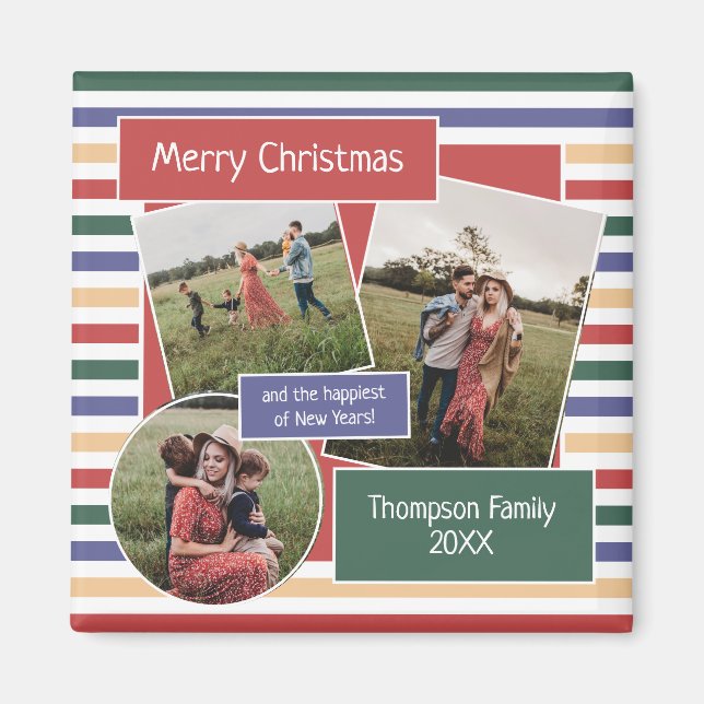 Moderne Retro Streifen Gerahmte Fotos Weihnachten Magnet (Vorne)