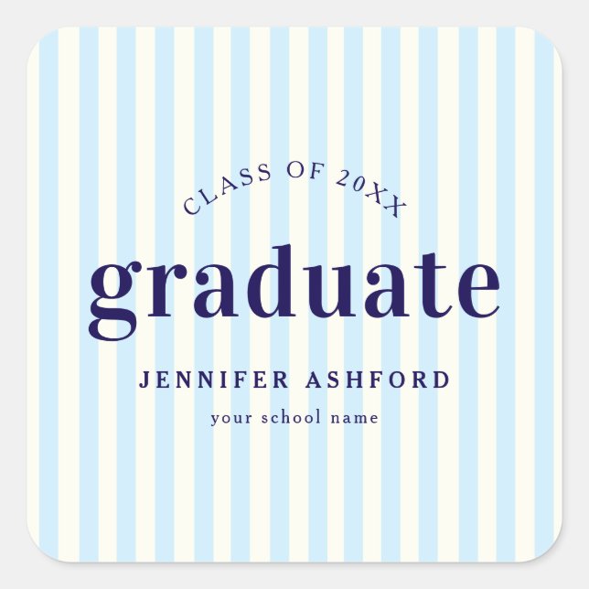 Moderne Retro Stripes Navy Blue Graduation Party Quadratischer Aufkleber (Vorderseite)