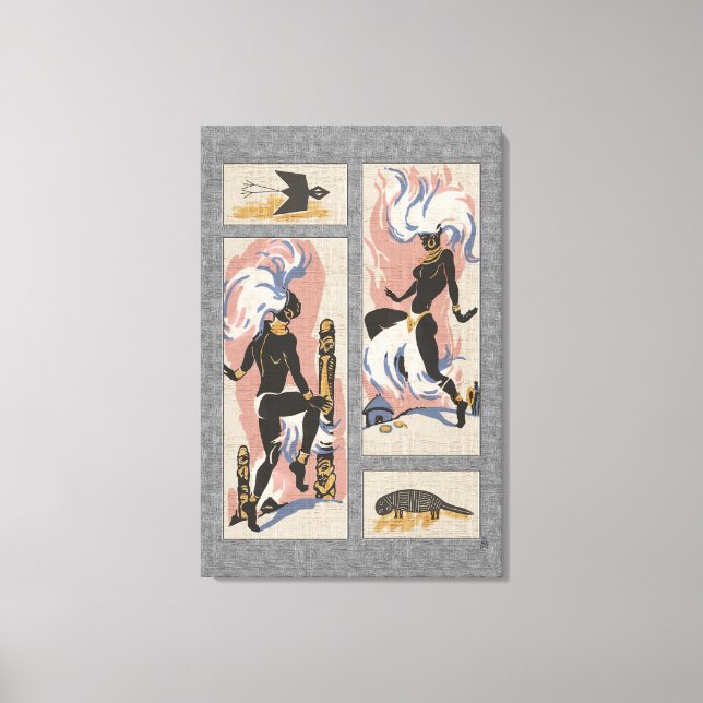 Moderne Retro Tribal Dancers_Black_Gray_Pink_Blue Leinwanddruck (Vorderseite)