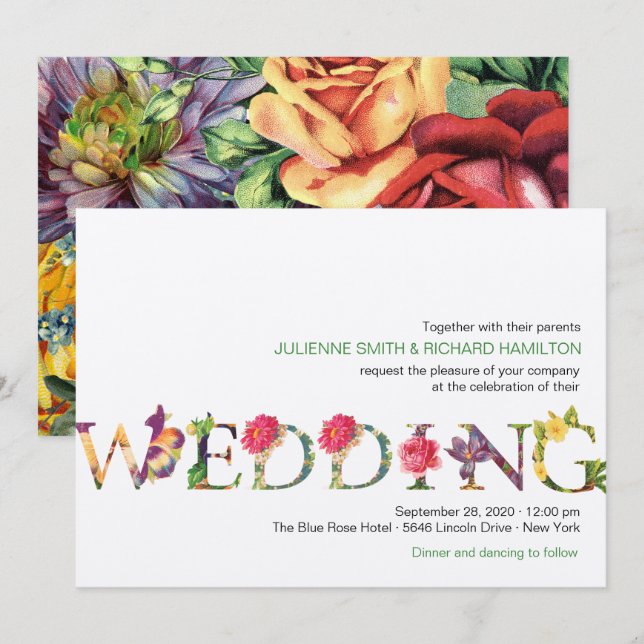 Moderne Retro Typografie Blumenhochzeit Einladung (Vorne/Hinten)