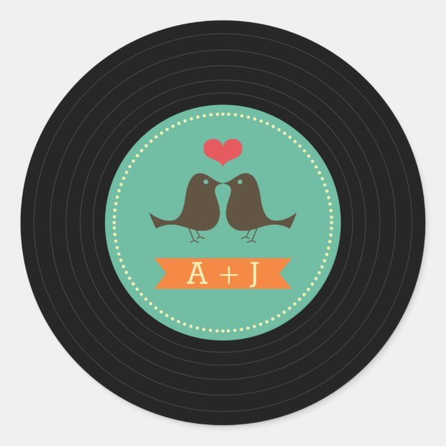 Moderne Retro Vinyl Record Hochzeit Runder Aufkleber (Vorderseite)