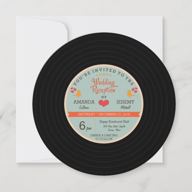 Moderne Retro Vinyl Record Hochzeitsempfehlung Einladung (Vorderseite)