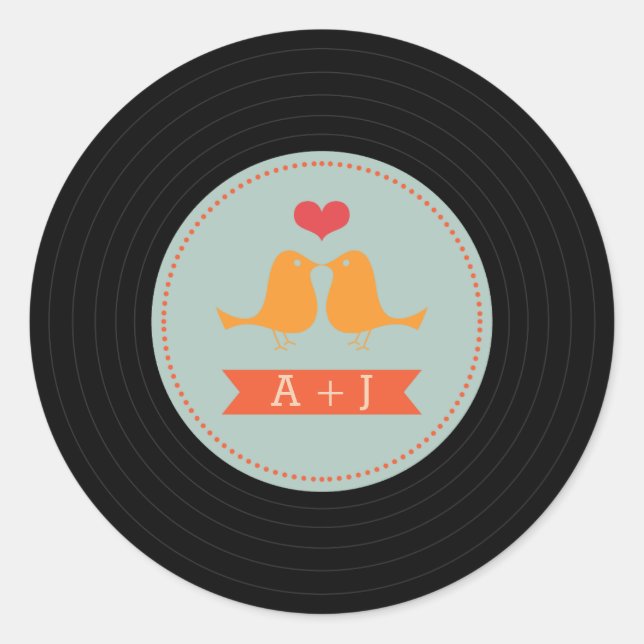 Moderne Retro Vinyl Record Love Birds Sky Blue Runder Aufkleber (Vorderseite)