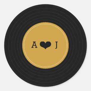 Moderne Retro-Vinyl-Schallplatten-Hochzeit (Gold/S Runder Aufkleber