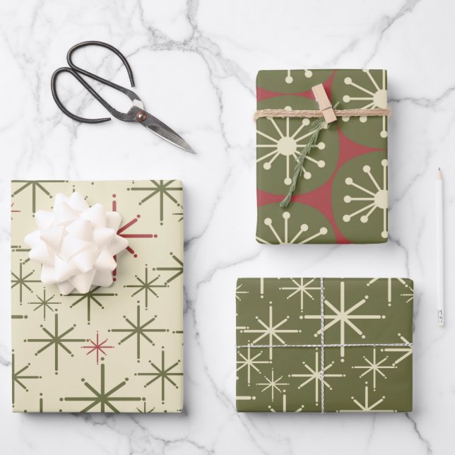 Moderne Retro-Weihnachtsmuster des Mitteljahrhunde Geschenkpapier Set (Vorderseite)