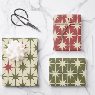 Moderne Retro-Weihnachtssterne des Mitteljahrhunde Geschenkpapier Set