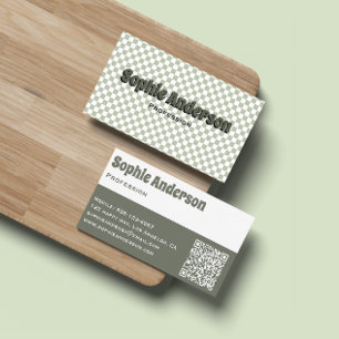 Moderne Retro-Weißdorn-Grün-Schachbrett mit QR-Cod Visitenkarte