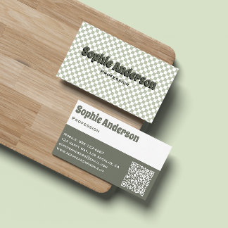 Moderne Retro-Weißdorn-Grün-Schachbrett mit QR-Cod Visitenkarte